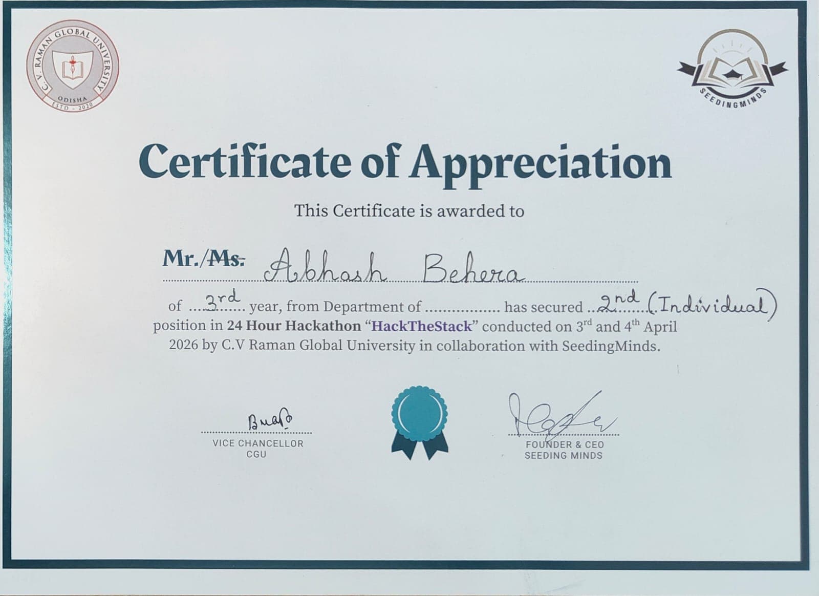 1st Runner-Up Certificate