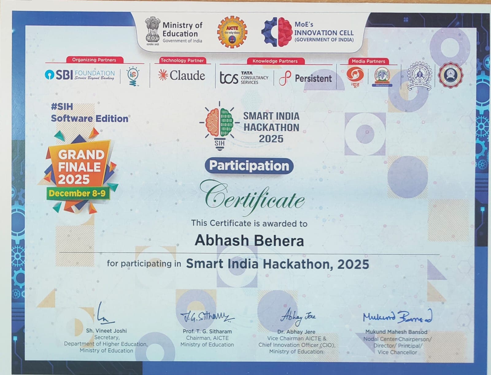 Grand Finalist Certificate